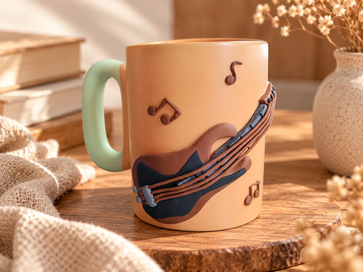 Mug décoré de personnages en Fimo, modelés à la main